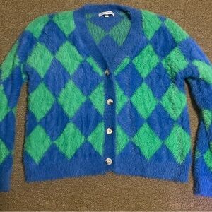 Miss Sparkling Blue and Green Argyle Fuzzy Cardigan Women Sweater